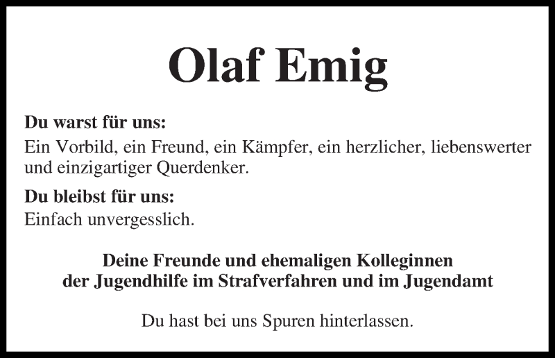  Traueranzeige für Olaf Emig vom 24.09.2016 aus WESER-KURIER