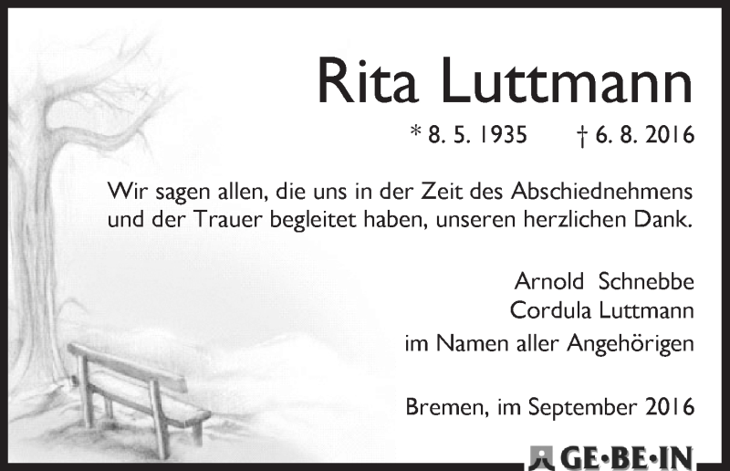 Traueranzeige von Rita Luttmann von WESER-KURIER