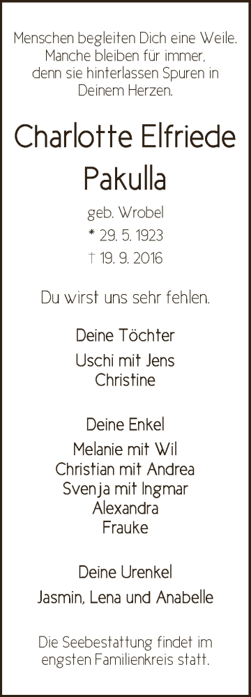  Traueranzeige für Charlotte Elfriede Pakulla vom 23.09.2016 aus WESER-KURIER