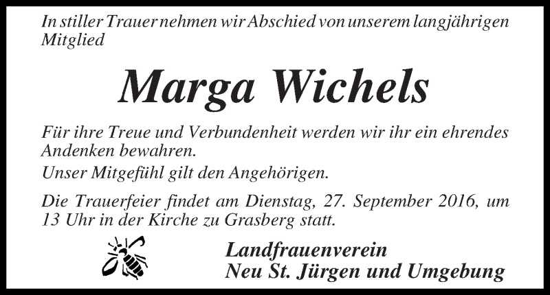 Traueranzeige von Marga Wichels von Wuemme Zeitung