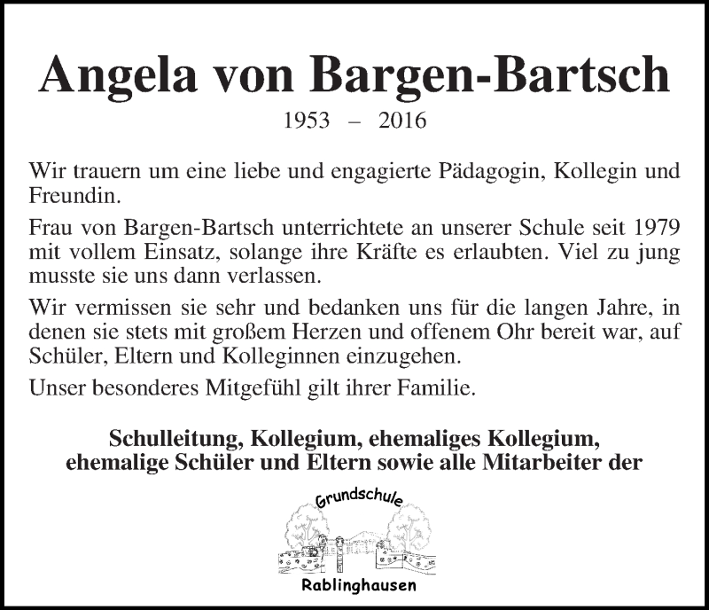 Traueranzeige von Angela von Bargen-Bartsch von WESER-KURIER
