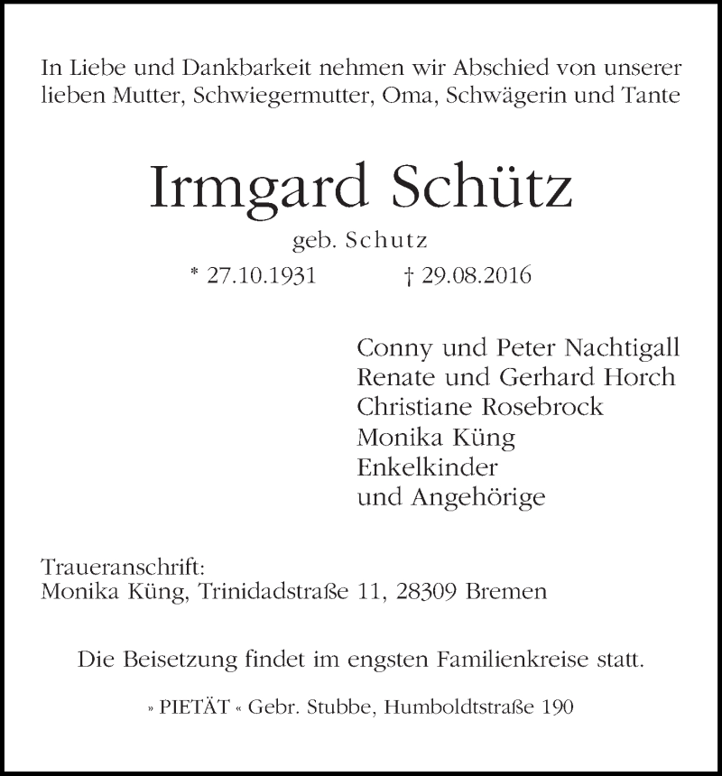 Traueranzeige von Irmgard Schütz von WESER-KURIER
