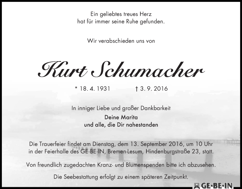 Traueranzeige von Kurt Schumacher von WESER-KURIER