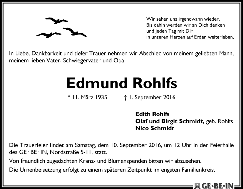 Traueranzeige von Edmund Rohlfs von WESER-KURIER