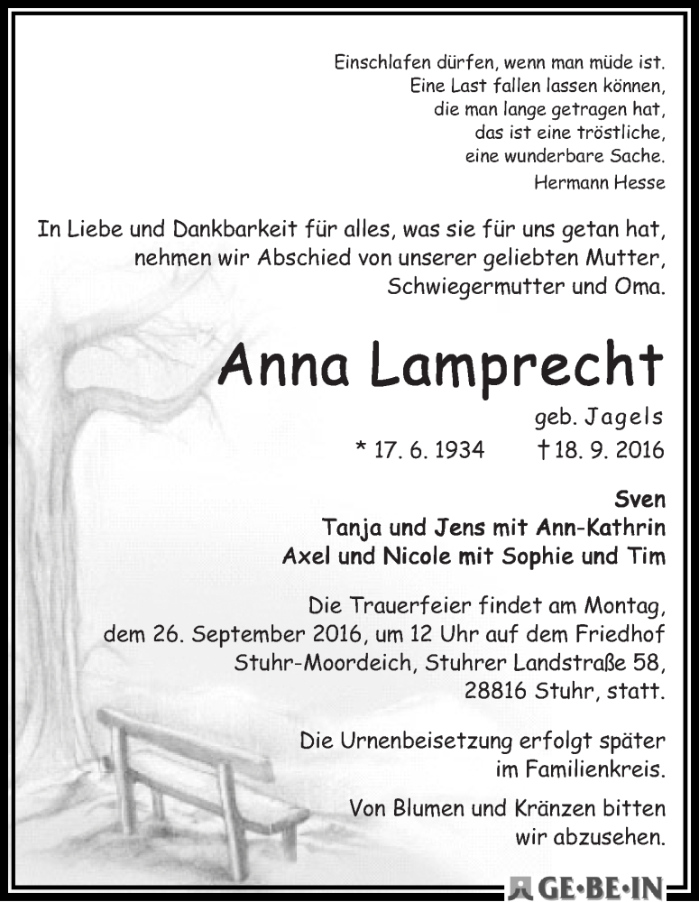 Traueranzeige von Anna Lamprecht von WESER-KURIER
