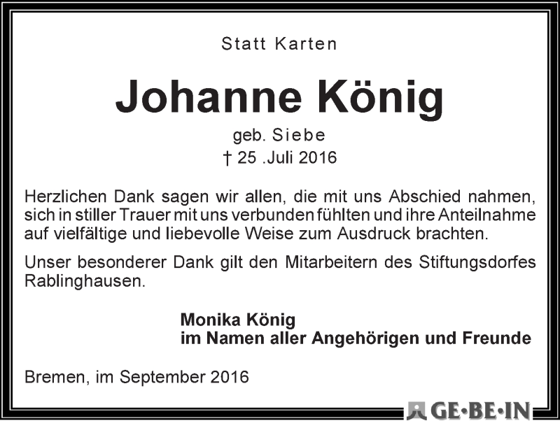 Traueranzeige von Johanne König von WESER-KURIER