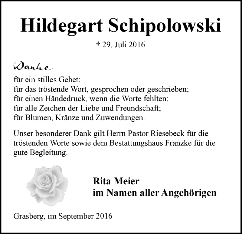 Traueranzeige von Hildegart Schipolowski von Wuemme Zeitung