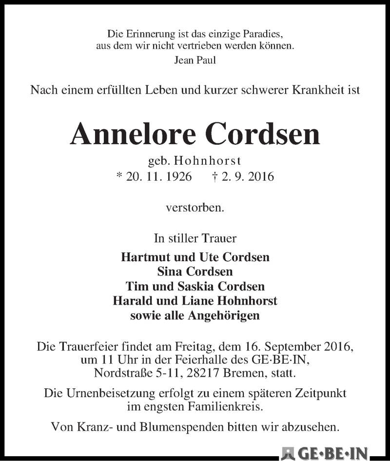 Traueranzeige von Annelore Cordsen von WESER-KURIER