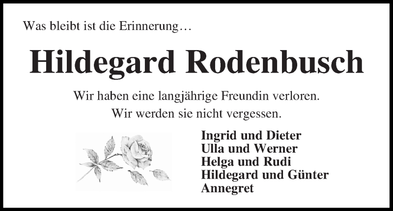 Traueranzeige von Hildegard Rodenbusch von WESER-KURIER