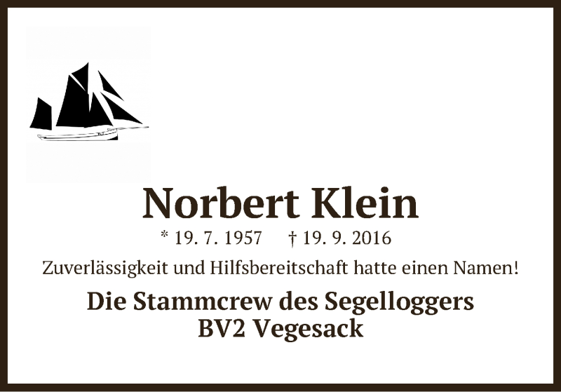  Traueranzeige für Norbert Klein vom 23.09.2016 aus Die Norddeutsche
