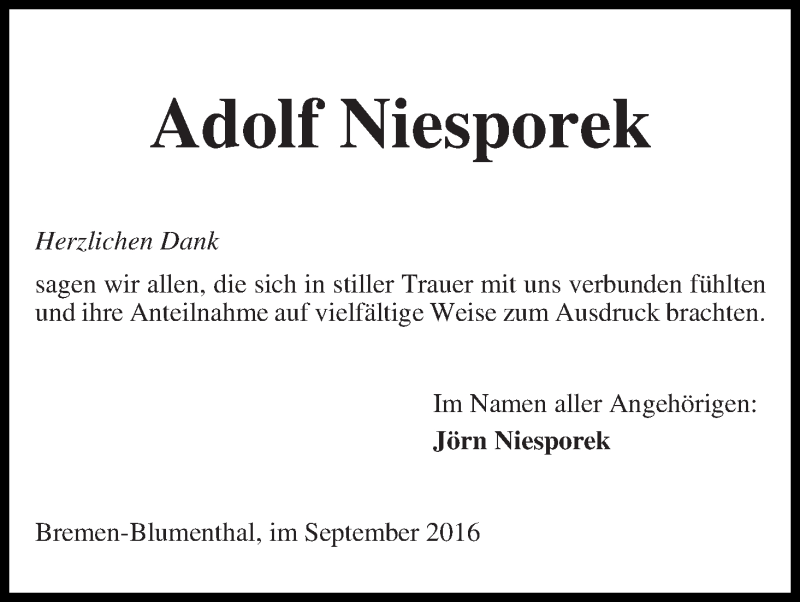 Traueranzeige von Adolf Niesporek von Die Norddeutsche