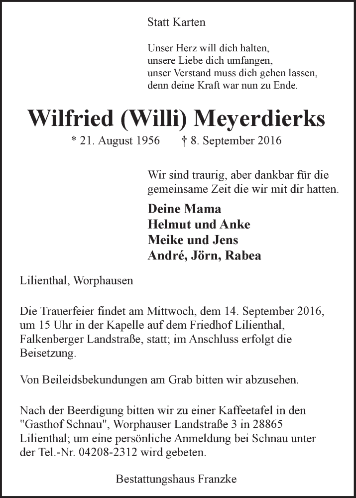 Traueranzeige von Wilfried (Willi) Meyerdierks von Wuemme Zeitung