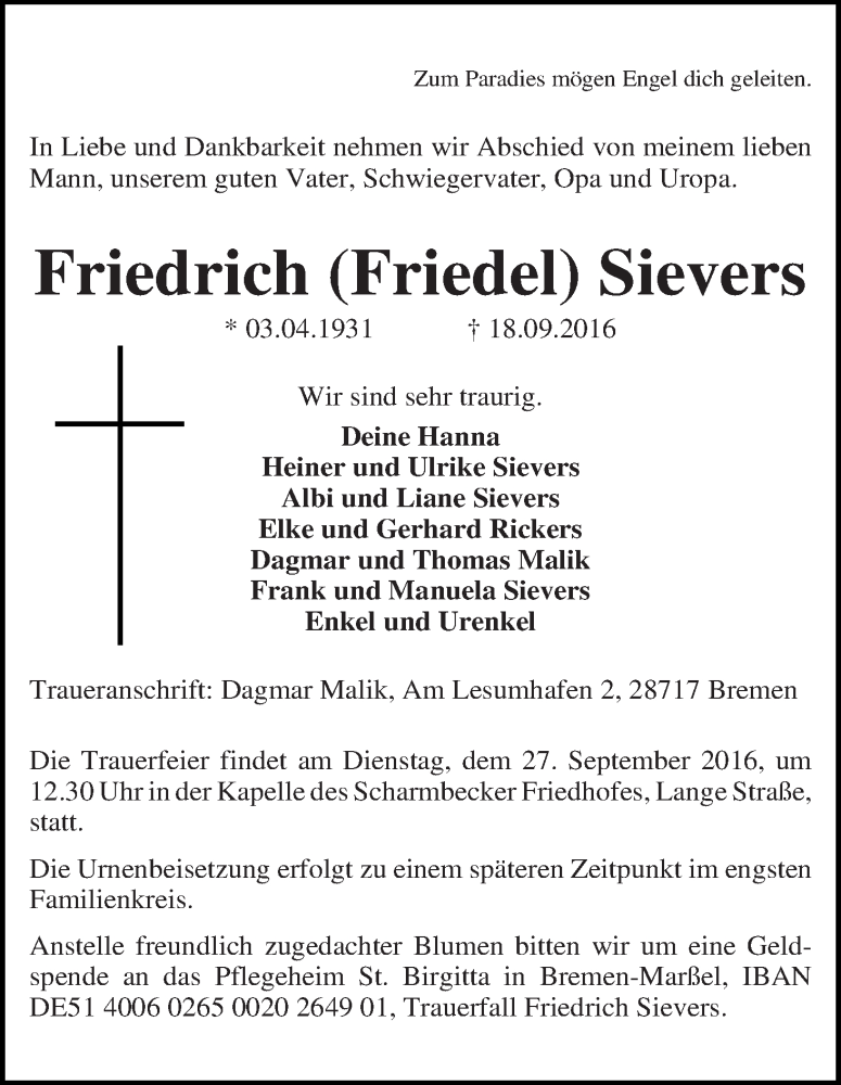Traueranzeige von Friedrich (Friedel) Sievers von Osterholzer Kreisblatt
