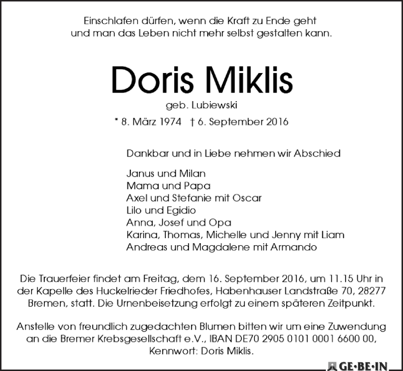 Traueranzeige von Doris Miklis von WESER-KURIER