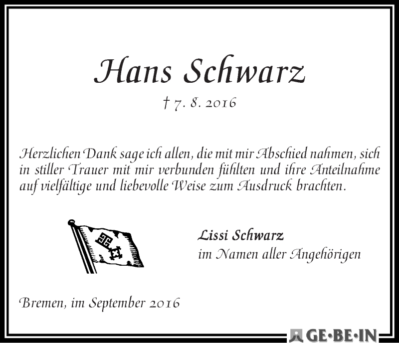 Traueranzeige von Hans Schwarz von WESER-KURIER