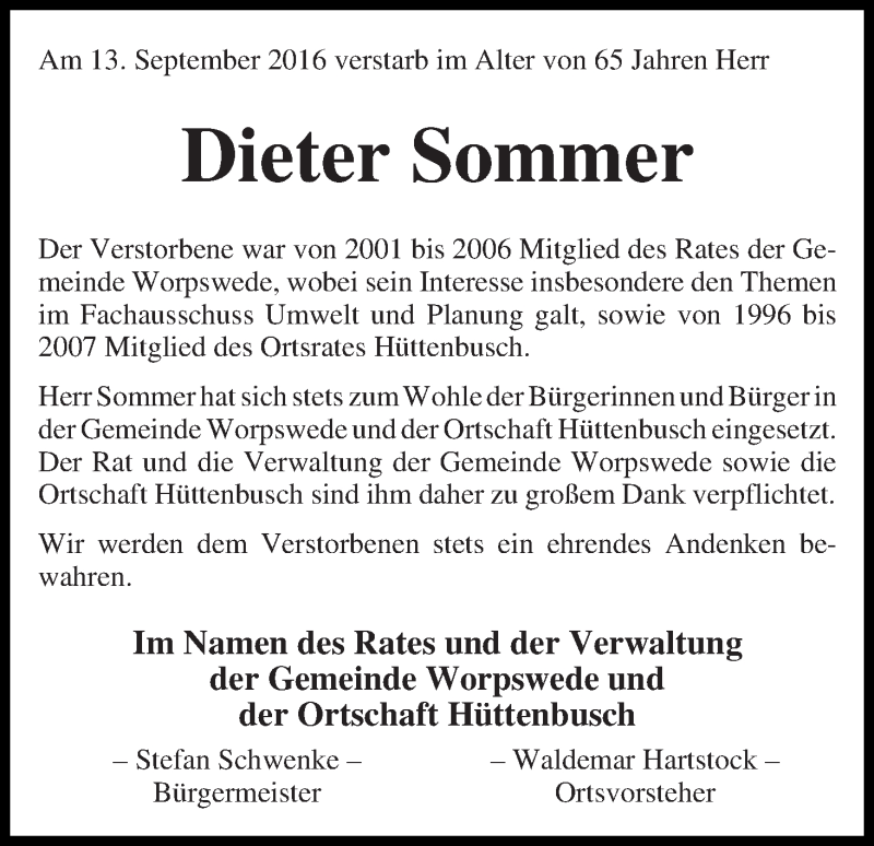 Traueranzeige von Dieter Sommer von Wuemme Zeitung