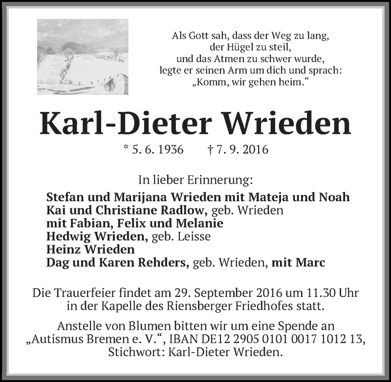 Traueranzeige von Karl-Dieter Wrieden von WESER-KURIER