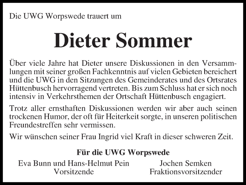 Traueranzeige von Dieter Sommer von Wuemme Zeitung