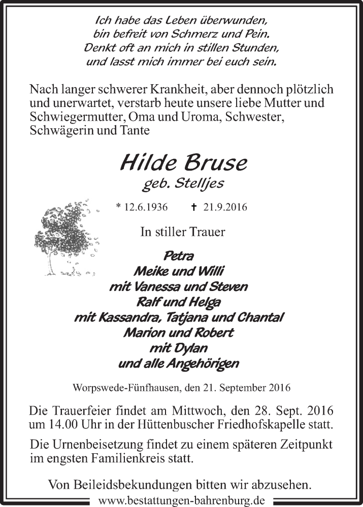  Traueranzeige für Hilde Bruse vom 24.09.2016 aus Wuemme Zeitung