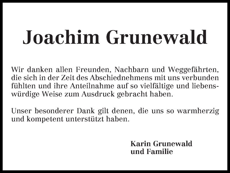 Traueranzeige von Joachim Grunewald von WESER-KURIER