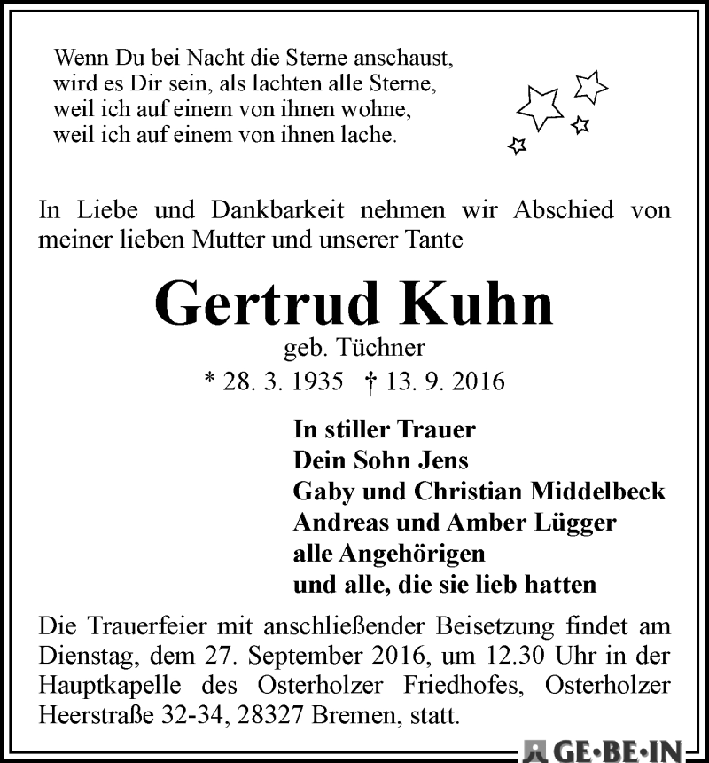 Traueranzeige von Gertrud Kuhn von WESER-KURIER