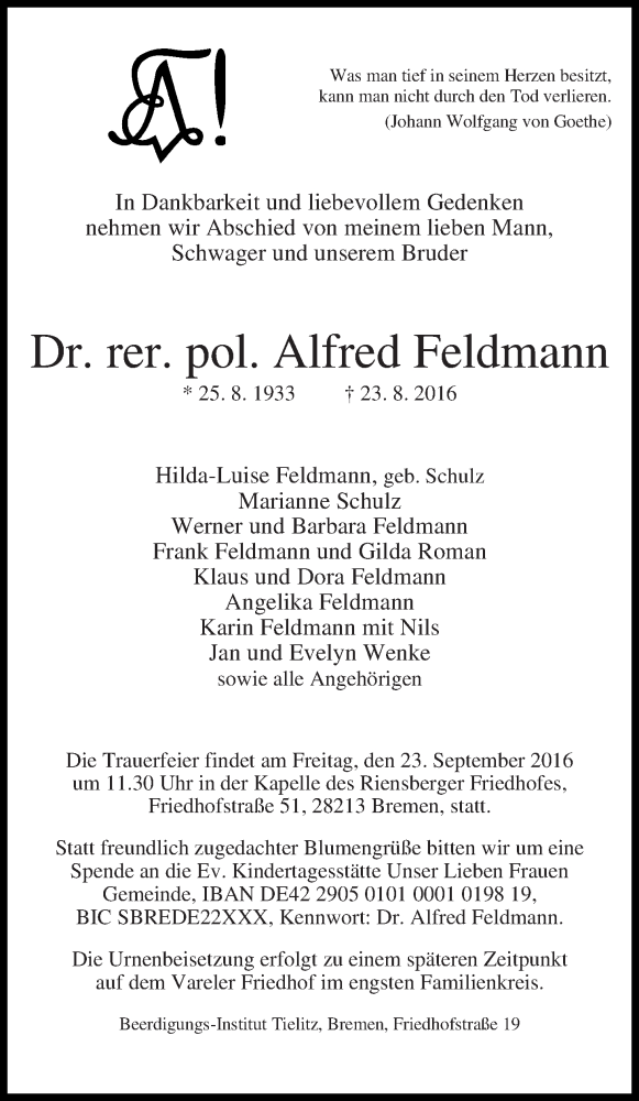 Traueranzeige von Alfred Feldmann von WESER-KURIER