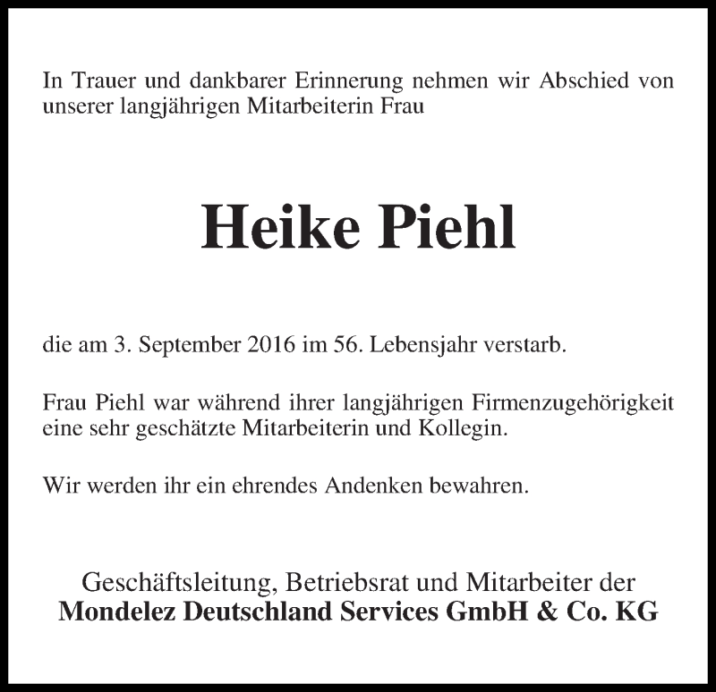 Traueranzeige von Heike Piehl von WESER-KURIER