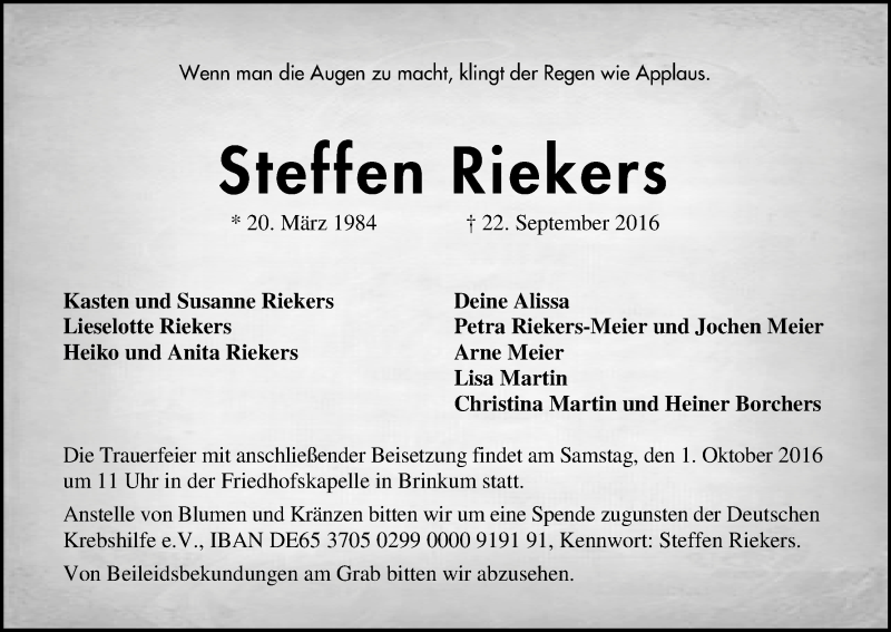  Traueranzeige für Steffen Riekers vom 27.09.2016 aus Regionale Rundschau/Syker Kurier