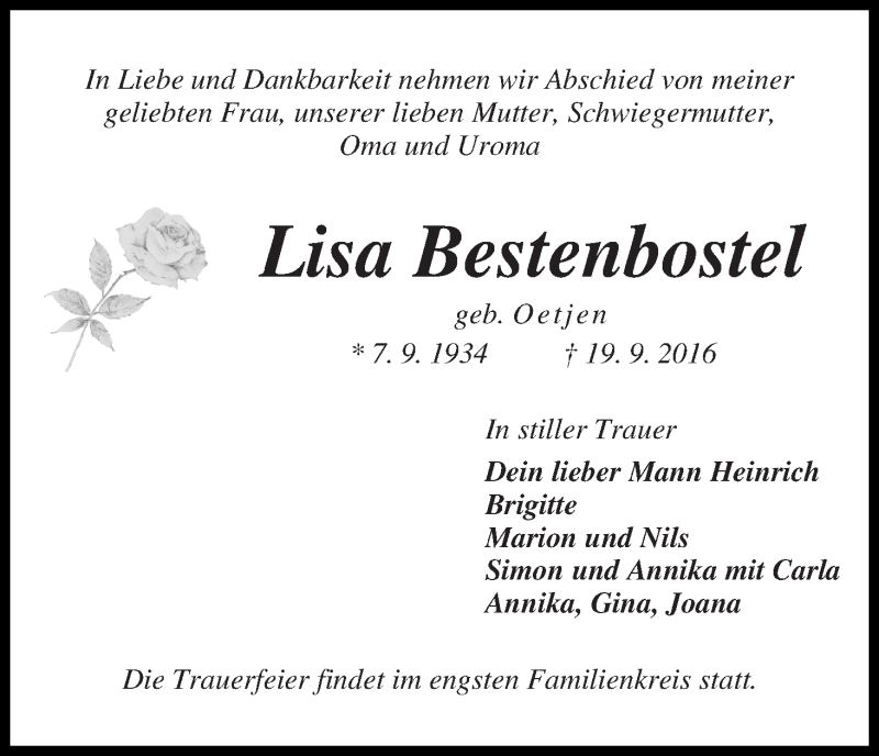 Traueranzeige von Lisa Bestenbostel von WESER-KURIER