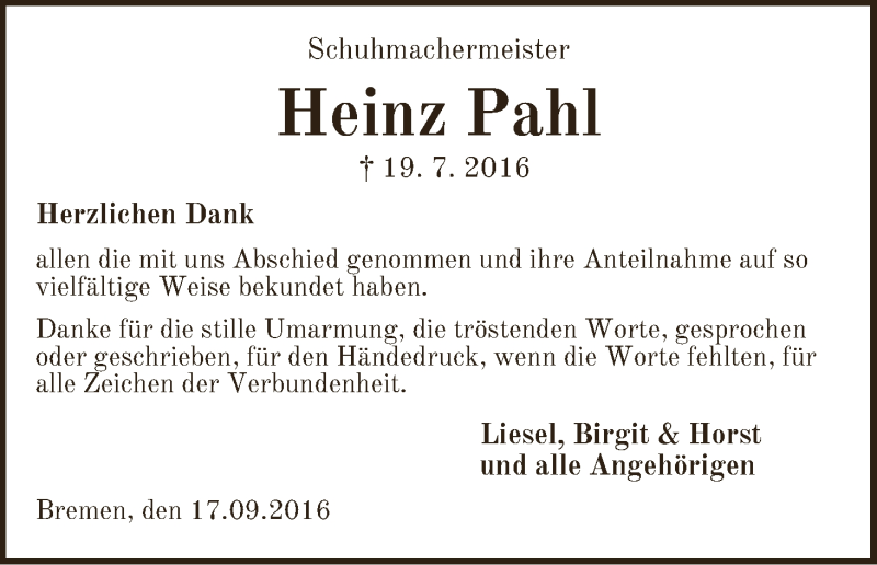 Traueranzeige von Heinz Pahl von WESER-KURIER