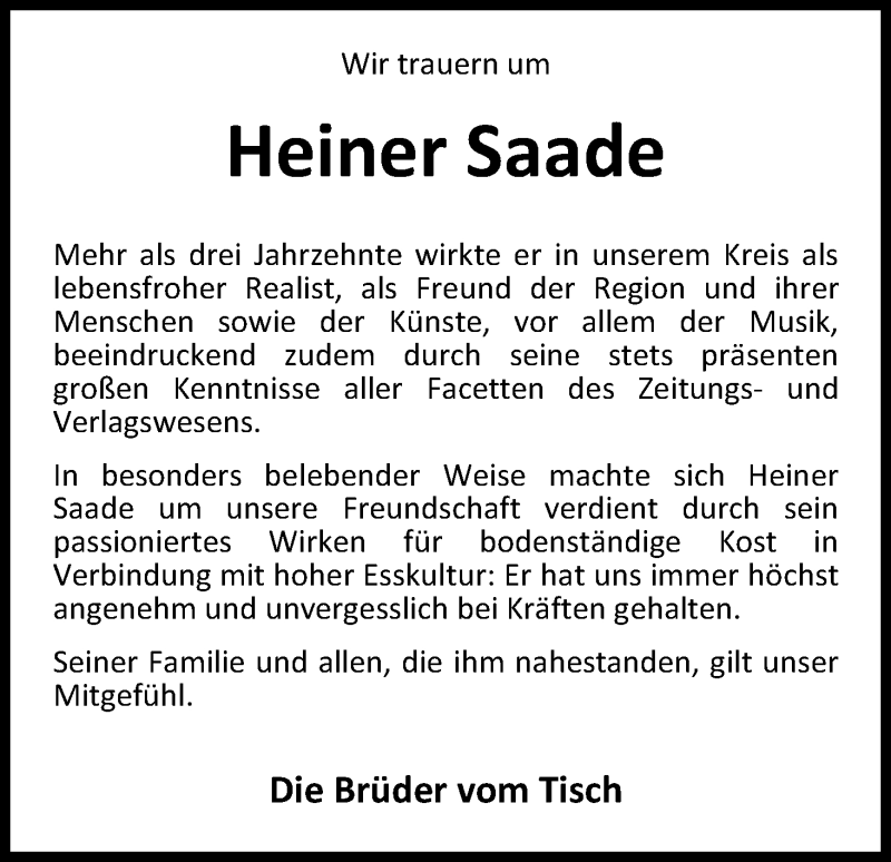  Traueranzeige für Heiner Saade vom 20.09.2016 aus Osterholzer Kreisblatt