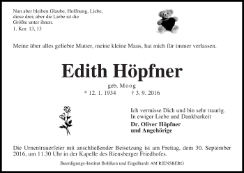 Traueranzeige von Edith Höpfner