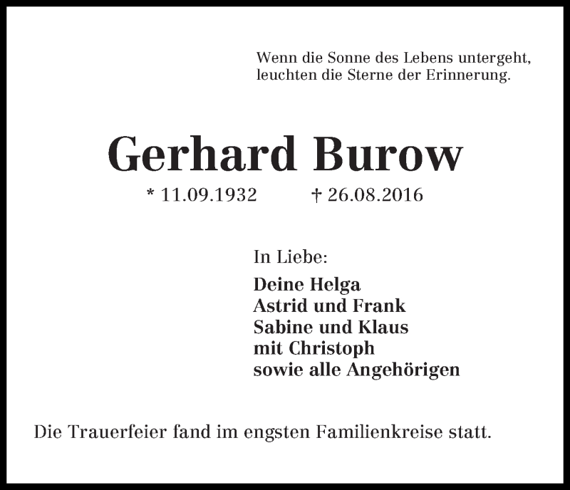Traueranzeige von Gerhard Burow von Die Norddeutsche