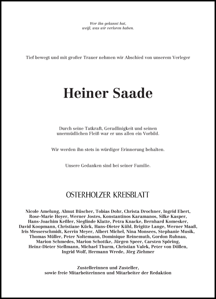  Traueranzeige für Heiner Saade vom 17.09.2016 aus Osterholzer Kreisblatt