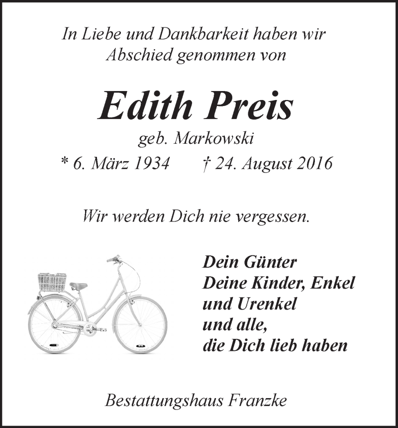 Traueranzeige von Edith Preis von Wuemme Zeitung