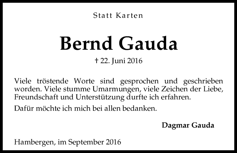 Traueranzeige von Bernd Gauda von Osterholzer Kreisblatt