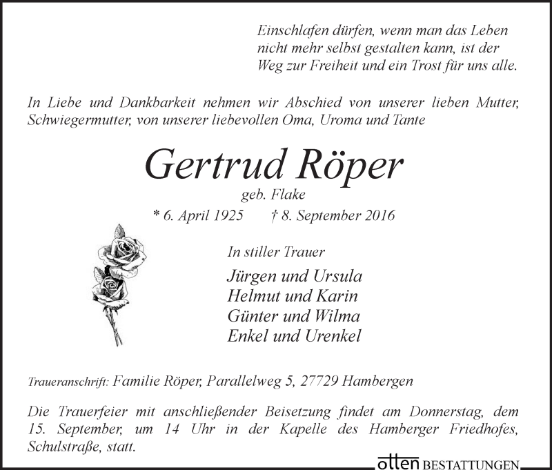 Traueranzeige von Gertrud Röper von Osterholzer Kreisblatt