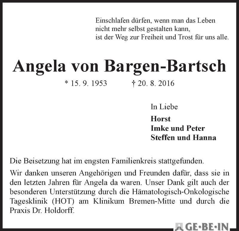 Traueranzeige von Angela von Bargen-Bartsch von WESER-KURIER