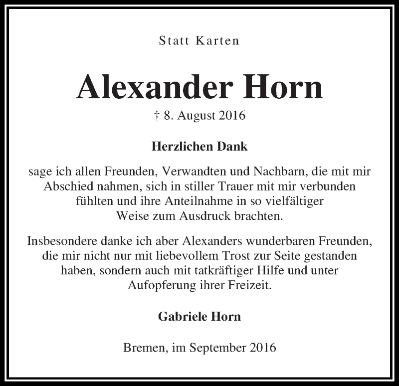 Traueranzeige von Alexander Horn von WESER-KURIER