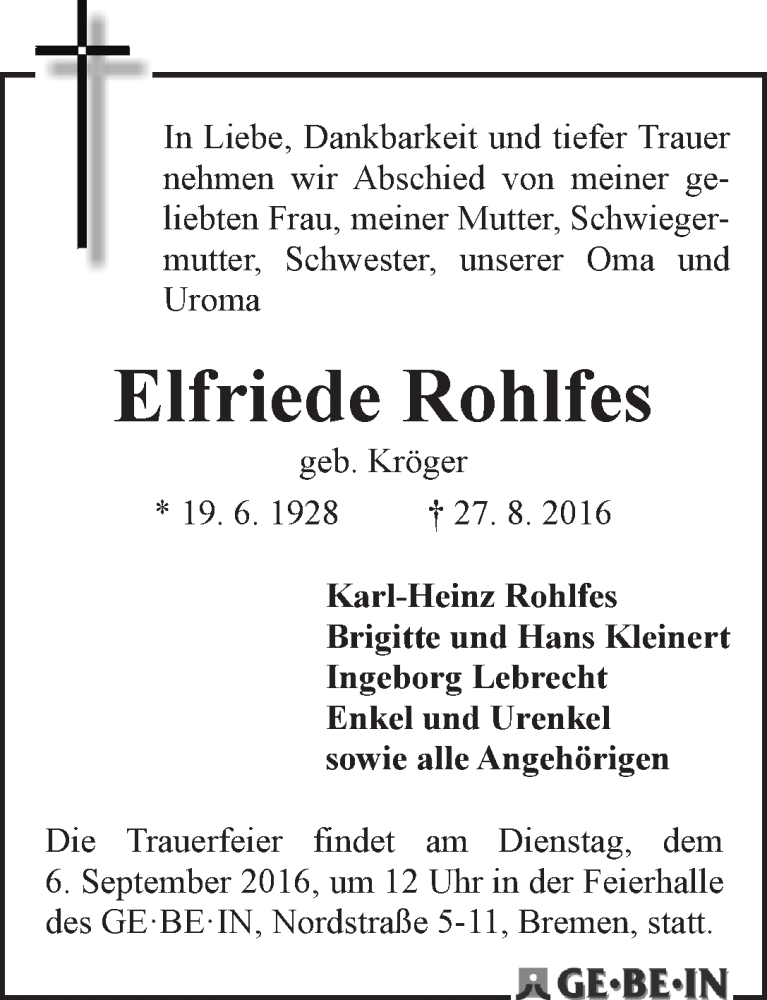 Traueranzeige von Elfriede Rohlfes von WESER-KURIER