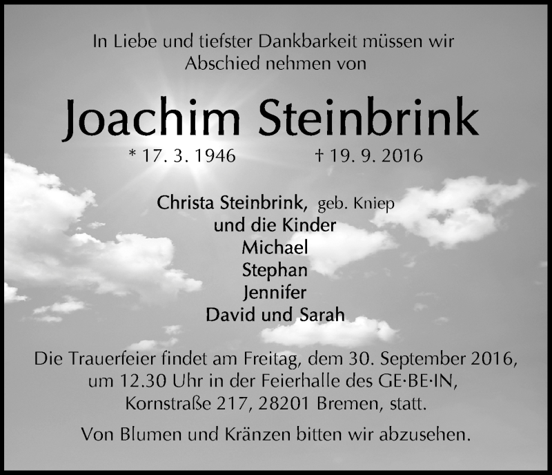  Traueranzeige für Joachim Steinbrink vom 24.09.2016 aus WESER-KURIER