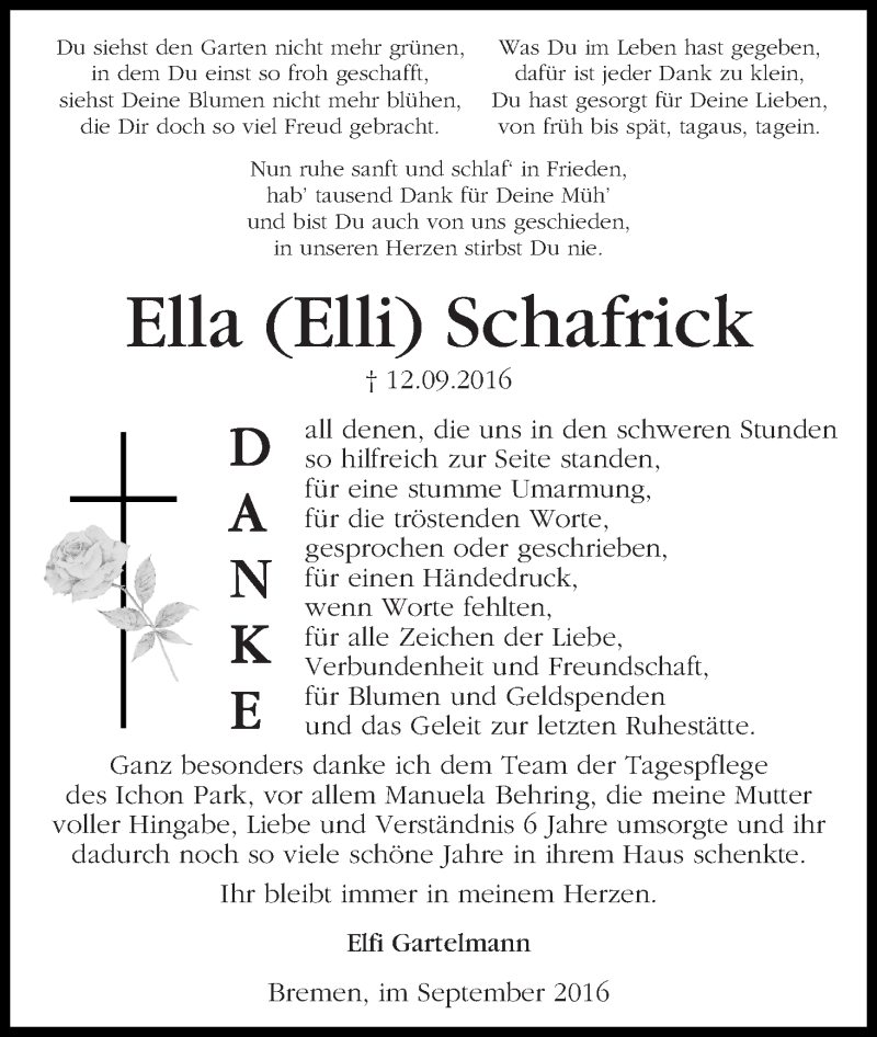 Traueranzeige von Ella Schafrick von WESER-KURIER