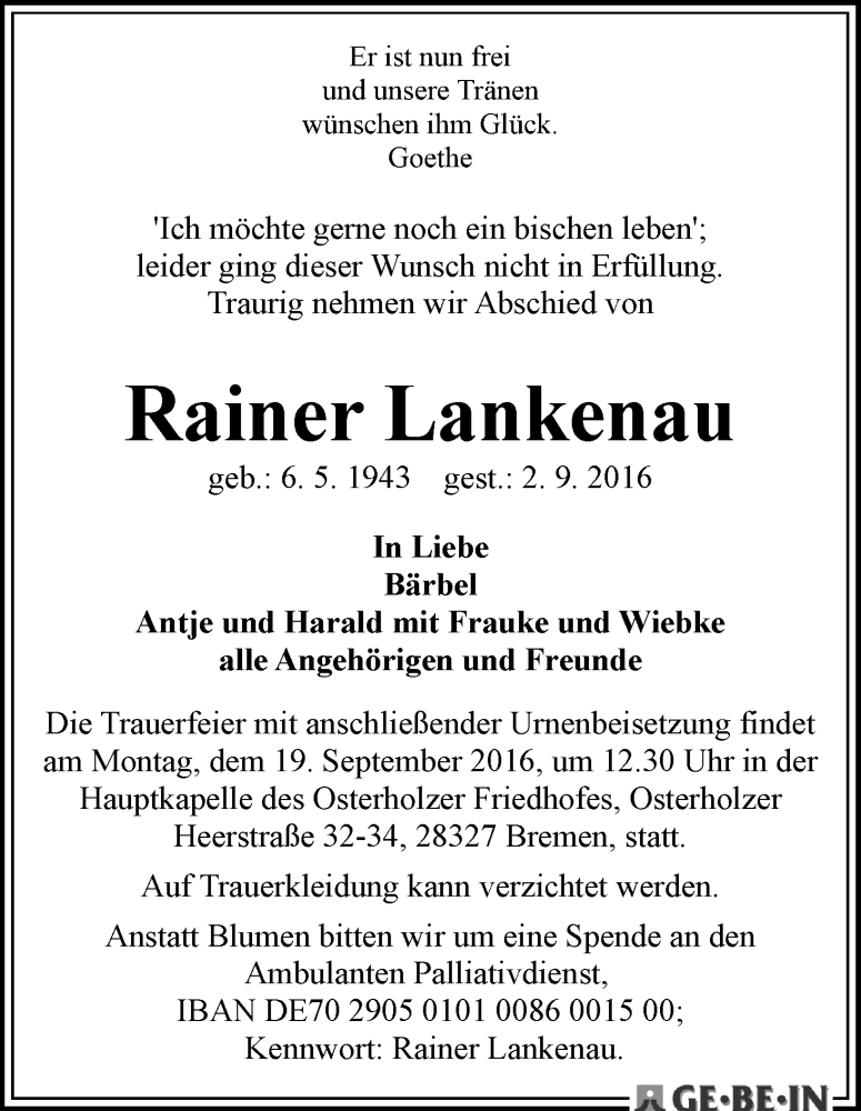 Traueranzeige von Rainer Lankenau von WESER-KURIER