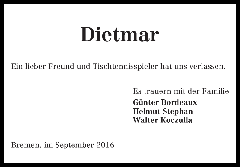 Traueranzeige von Dietmar Schmidt von Die Norddeutsche