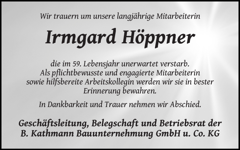  Traueranzeige für Irmgard Höppner vom 17.09.2016 aus WESER-KURIER
