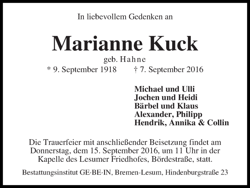 Traueranzeige von Marianne Kuck von WESER-KURIER