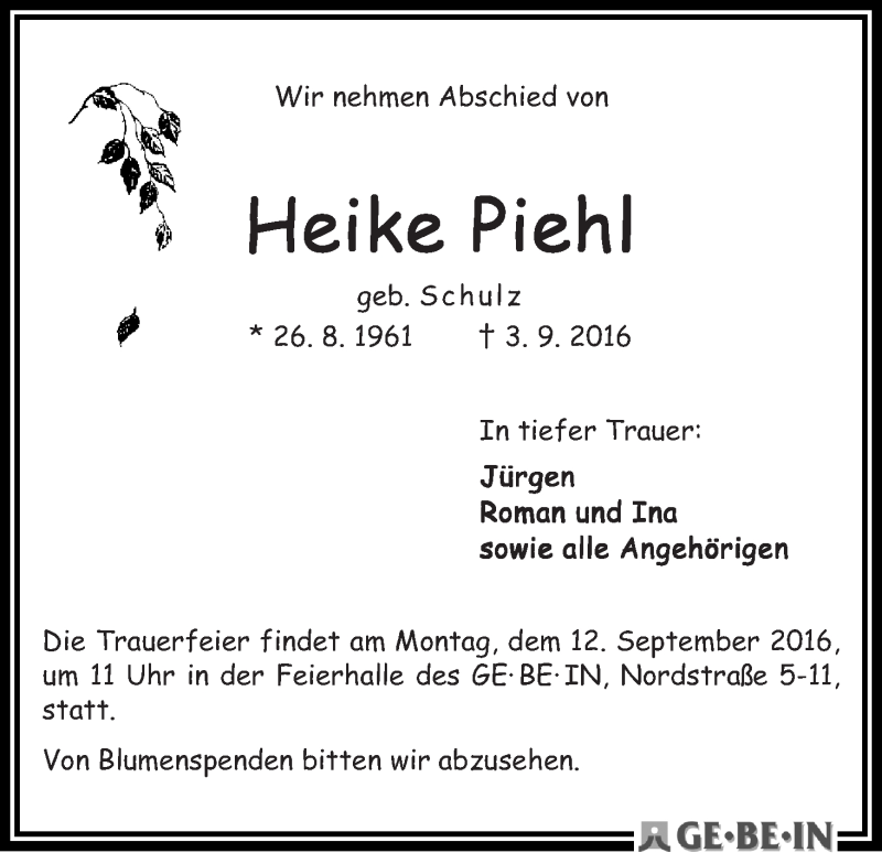 Traueranzeige von Heike Piehl von WESER-KURIER