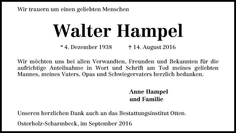Traueranzeige von Walter Hampel von Osterholzer Kreisblatt