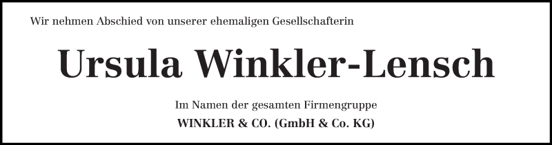 Traueranzeige von Ursula Winkler-Lensch von WESER-KURIER