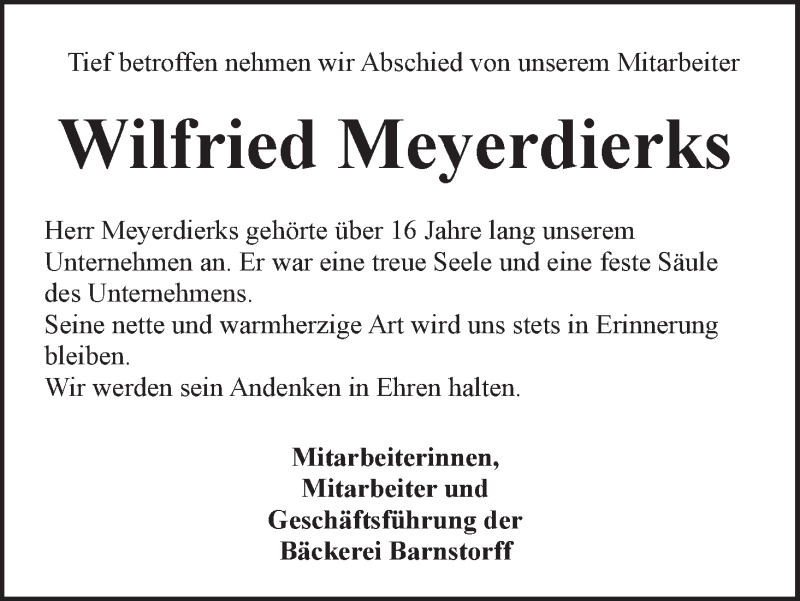  Traueranzeige für Wilfried Meyerdierks vom 13.09.2016 aus Wuemme Zeitung